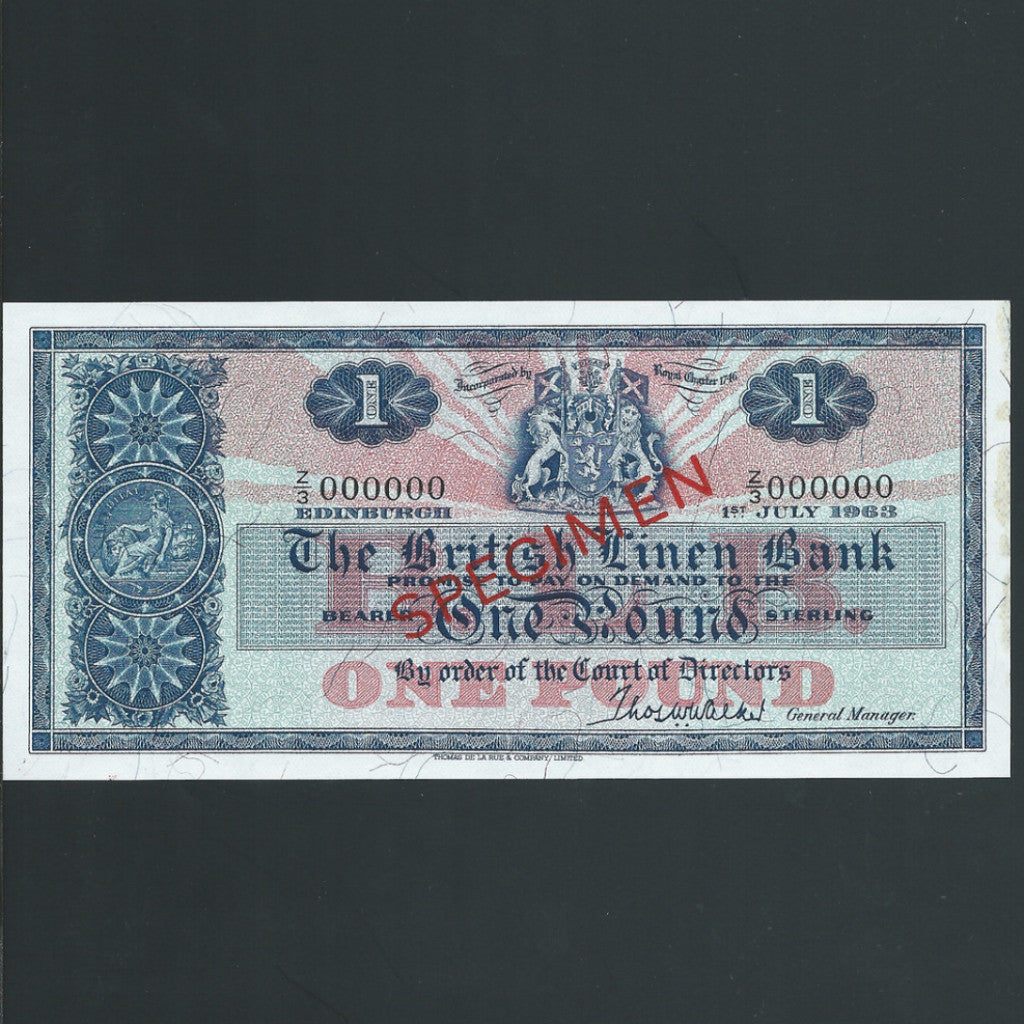 P.166s Scotland £1 specimen (01.07.1963) British Linen Bank, Anderson signature, Z/3 000000, 100 printed, D63, glue residue, Good EF - Colin Narbeth & Son Ltd. - 1
