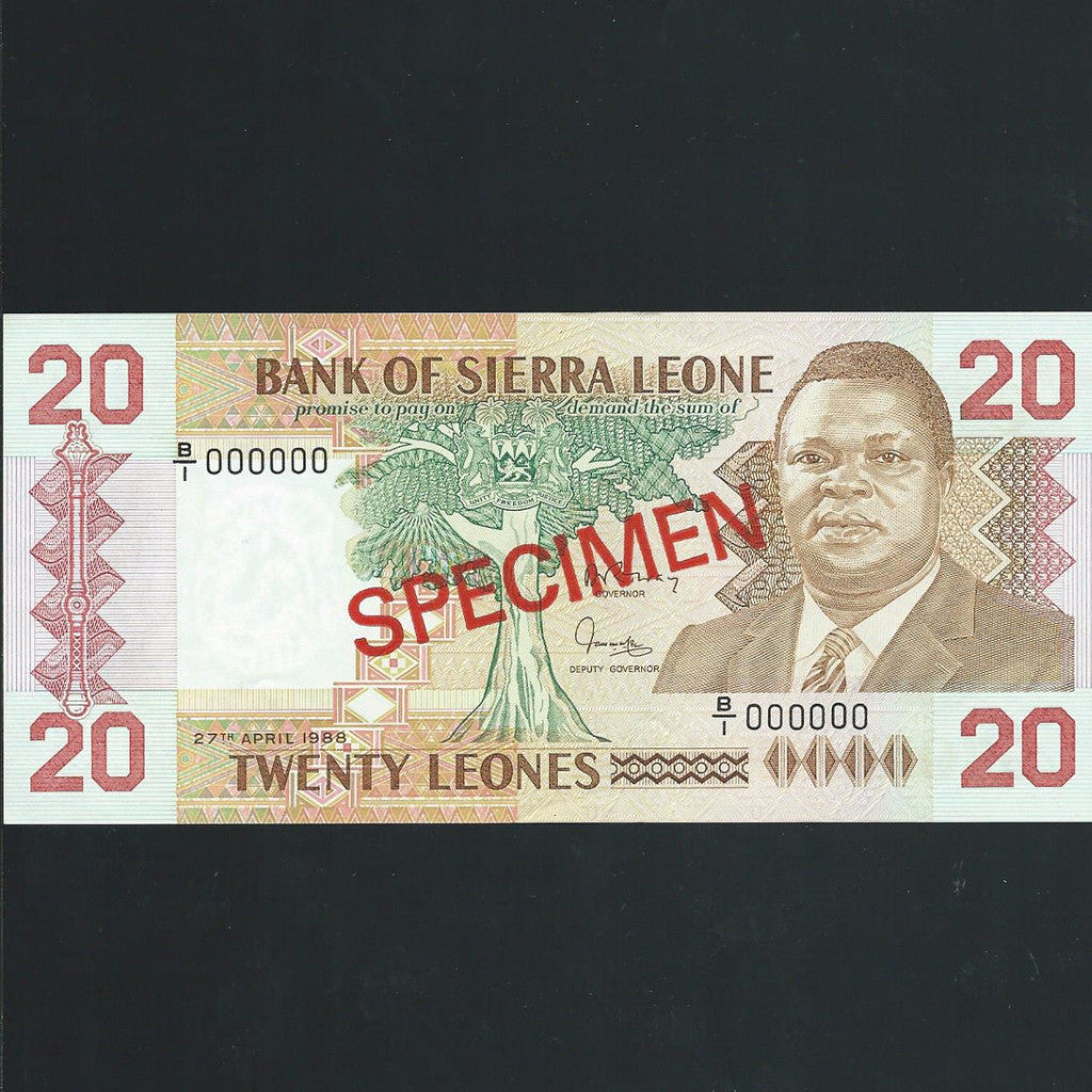 P.16 Sierra Leone 20 Leones specimen (1988) B/1 000000, UNC - Colin Narbeth & Son Ltd.