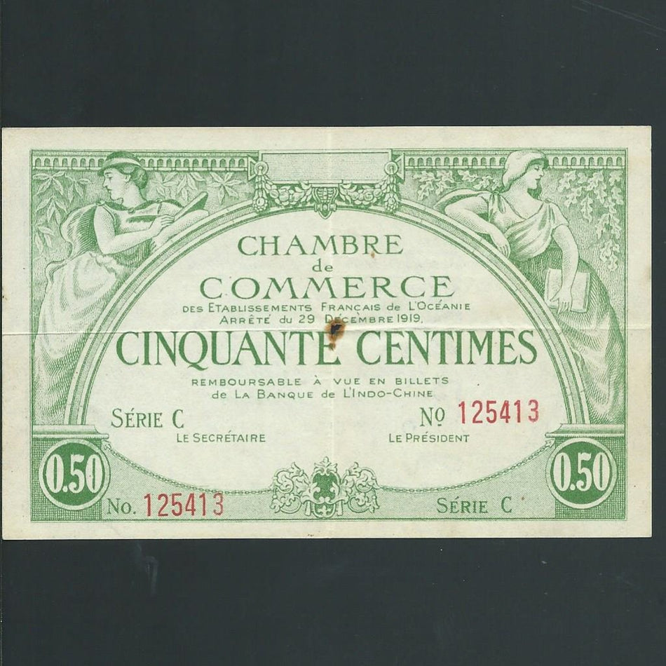 French Oceania (P2) 0.50 Centimes, 1919, small hole with rust otherwise Good VF