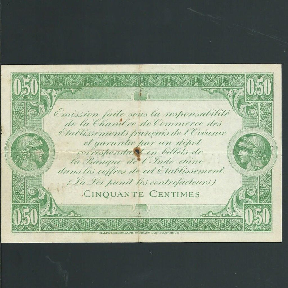 French Oceania (P2) 0.50 Centimes, 1919, small hole with rust otherwise Good VF
