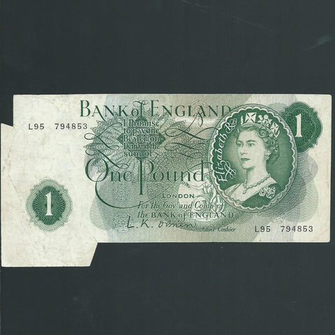 Bank of England (B281) O'Brien, £1 error, shark fin, L95, some handling marks, otherwise Fine
