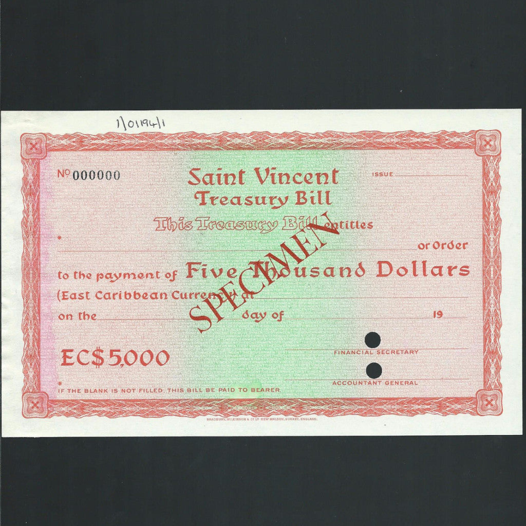 St Vincent EC$5000 Dollars specimen treasury bill, Bradbury Wilkinson - Colin Narbeth & Son Ltd. - 1