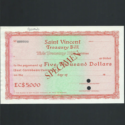 St Vincent EC$5000 Dollars specimen treasury bill, Bradbury Wilkinson - Colin Narbeth & Son Ltd. - 1