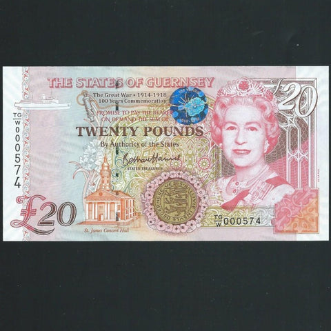 Guernsey, £20, 2018, TG/W 000400, within the First 1000 notes, prefix (The Great War) to commemorate 100 Years  of the end of WWI, QEII, UNC