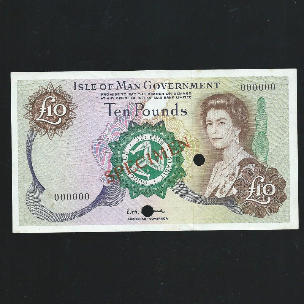 Isle of Man (P31s1) £10 specimen, QEII, Stallard, 000000, rust, Good VF