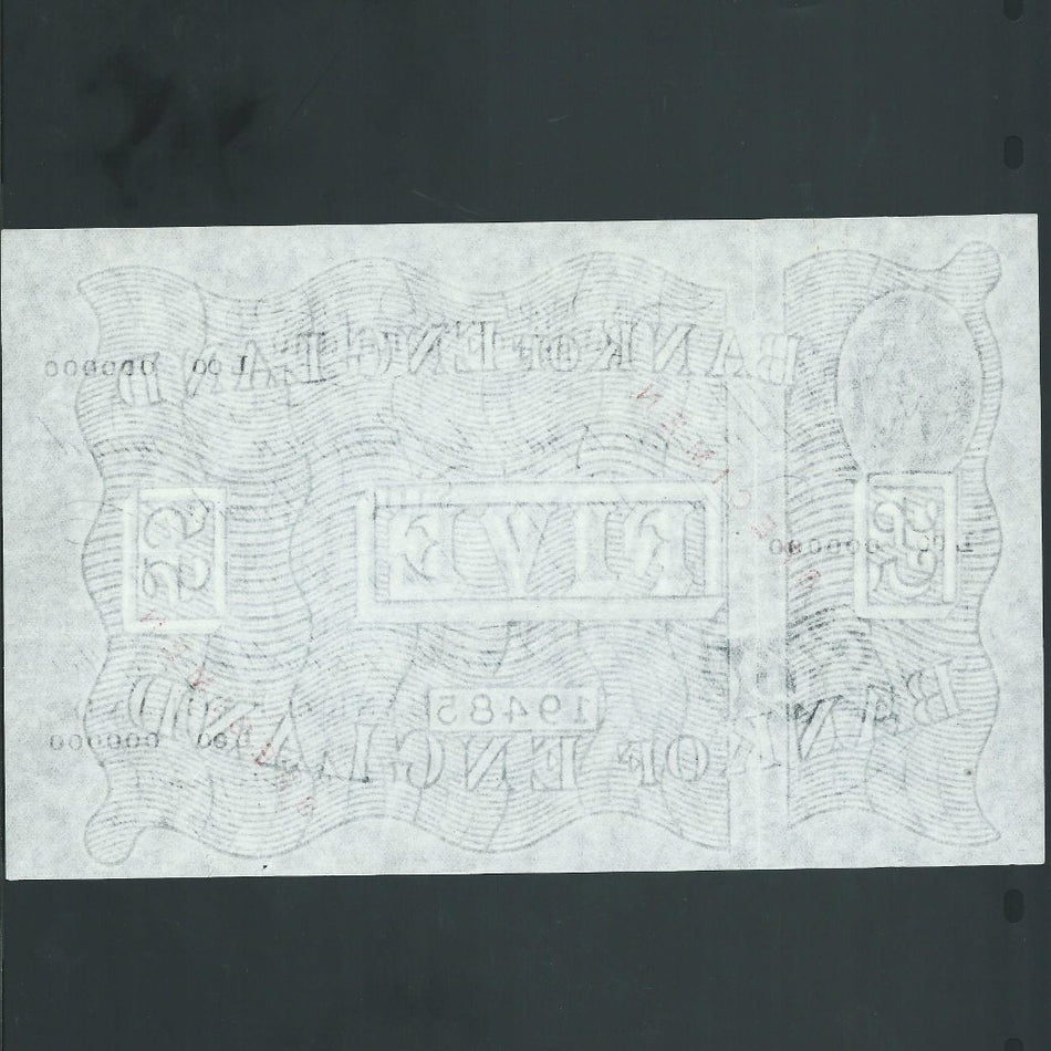 Bank of England (B264s) Peppiatt, £5 specimen, 24th January 1947, L00 00000, rust mark from paper clip and few other small pinholes, otherwise good EF