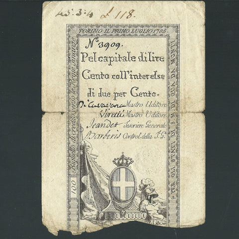 Italian States (PS120) 100 Lire, 1785, no.3909, Good