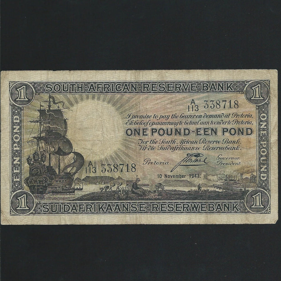 South Africa (P.84e) £1, 10th November 1941, Postmus signature, A/113, without thread, Fine