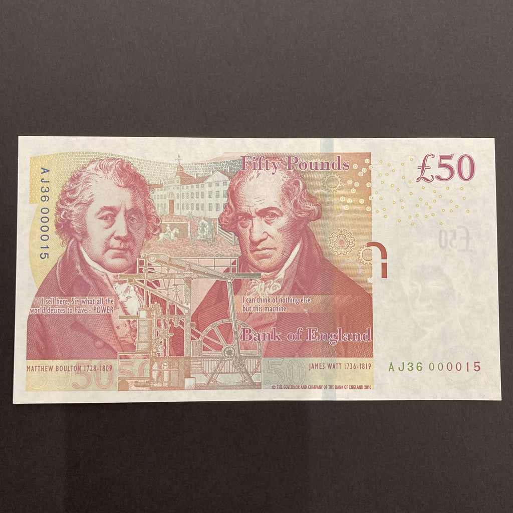 Bank of England (B413) Cleland, £50, superb low serial and first million, AJ36 000015, UNC