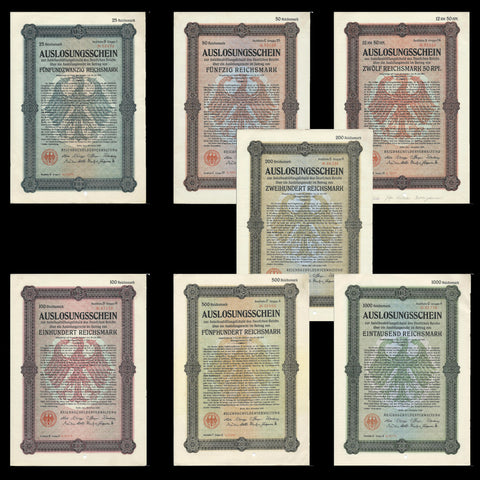 Germany - price for seven bonds, Auslosungsschein (1926) 12 & 1/2, 25, 50, 100, 500,200 & 1000 RM - Colin Narbeth & Son Ltd.