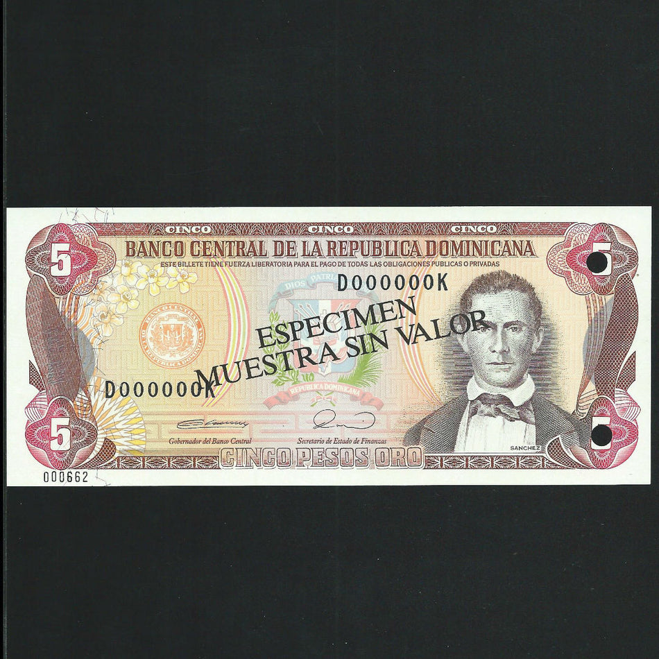 Dominican Republic (P131) 5 Pesos Oro specimen, 1990, Harrisons, UNC