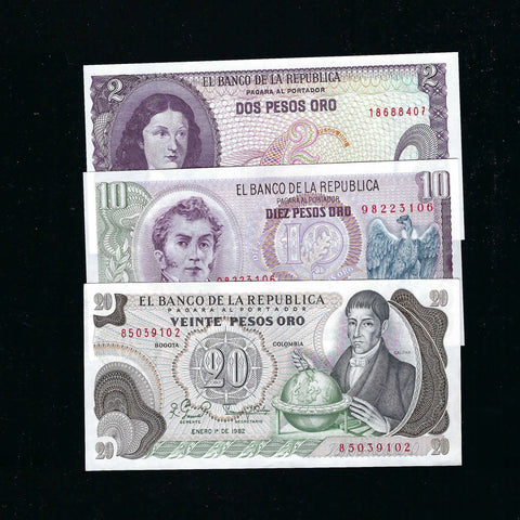 Colombia (P413b, P407g and P409d) 2, 10 & 20 Pesos, packet of 3 notes, UNC