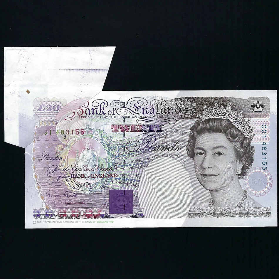 Bank of England (B358) Gill, £20 error, shark fin, C01, small tear otherwise UNC