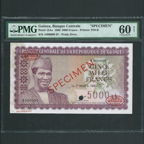 Guinea (P15As) 5000 Francs specimen, 1960, mount marks, PMG 60, UNC