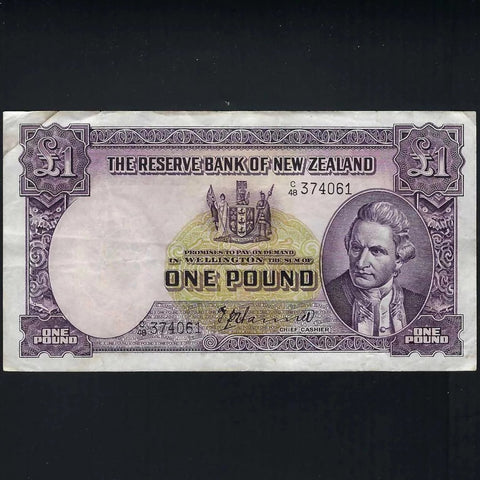 New Zealand (P159a) £1, 1940-55, Captain Cook, Hanna signature, Good Fine