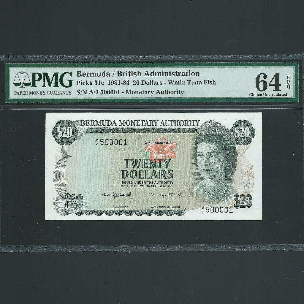 Bermuda (P31c) $20, 2nd January 1981, QEII, Chairman/ Managing Director, A/2 500001, this is note 1 of this signature, date and title, (PMG 64) UNC
