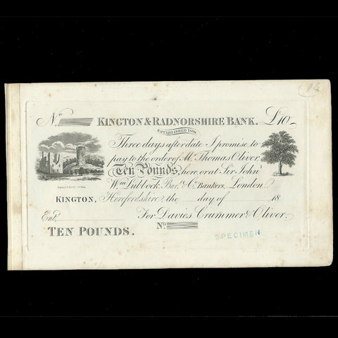 Provincial - Kington & Radnorshire Bank obverse proof (18xx) three days after date etc., for Davies, Crummer & Oliver, Outing 1078e, VF