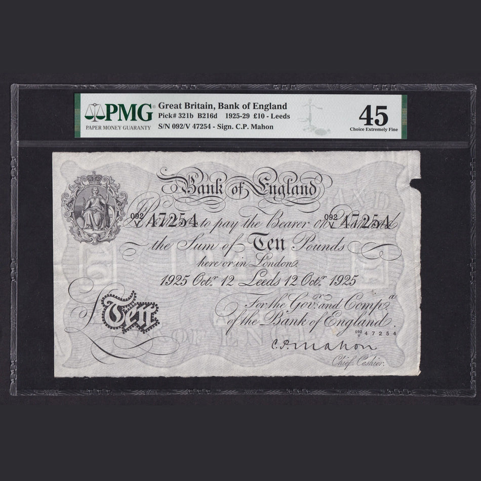 Bank of England (B216d) Mahon, £10 092V 47254 , 12th October 1925, Leeds branch note( 15 notes recorded) , EF
