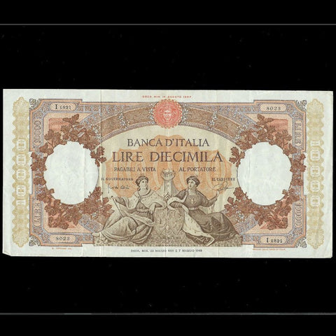 Italy (P.89a) 10000 Lire, 1948, I 1821 8023, Good VF