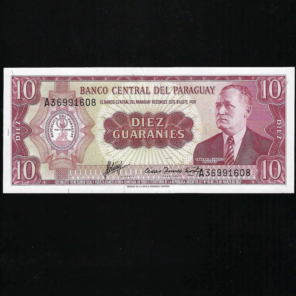 Paraguay (P196b) 10 Guaranies (no date) serial upper left and bottom right, UNC