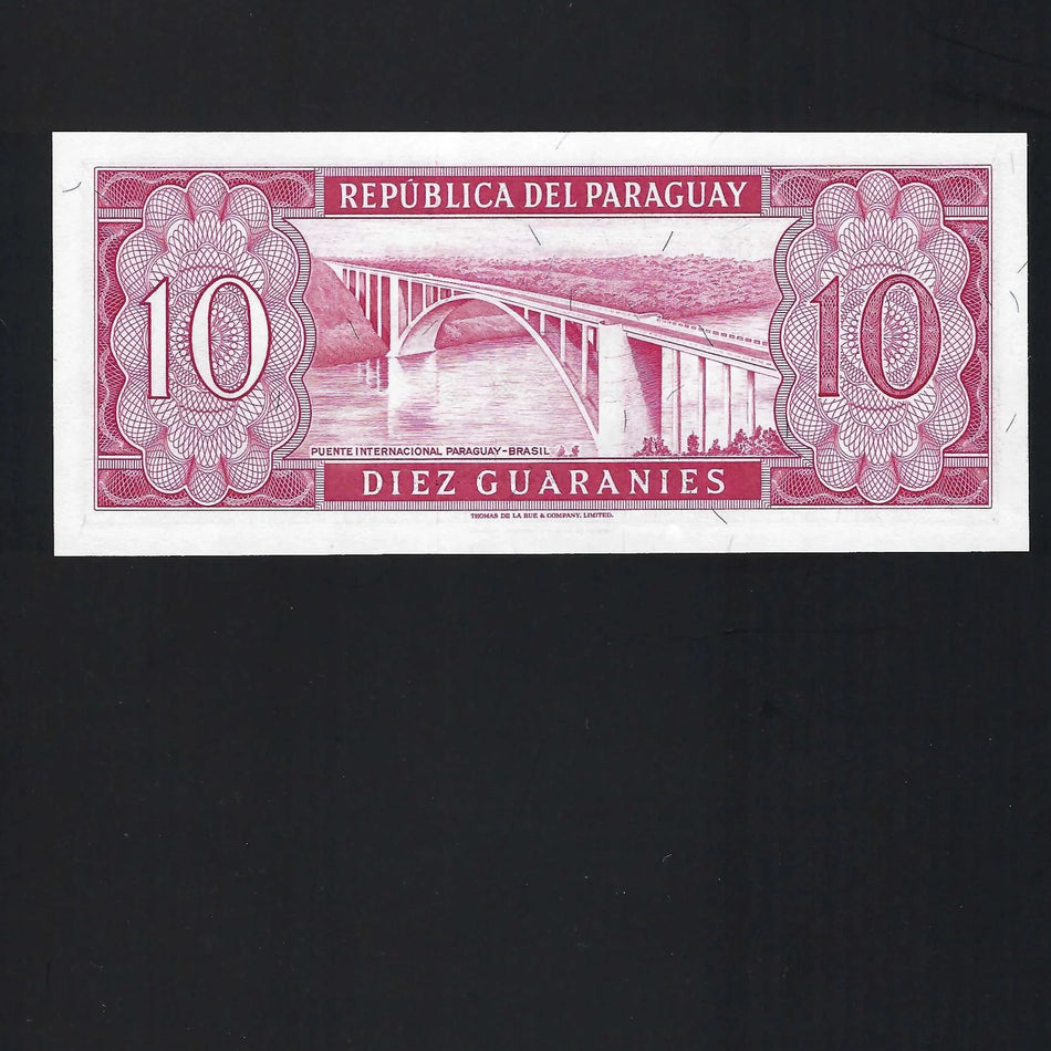 Paraguay (P196b) 10 Guaranies (no date) serial upper left and bottom right, UNC