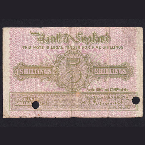 Bank of England (B253) Peppiatt, 5 Shillings emergency proposed issue, not issued, 1941, hole punched, a number of folds and discolouration, otherwise VF