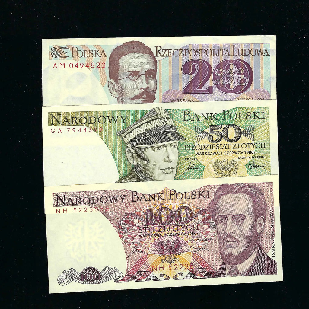 Poland (P142c, P143e and P149b) 20, 50 and 100 Zlotych, packet 3 notes, UNC