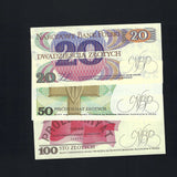 Poland (P142c, P143e and P149b) 20, 50 and 100 Zlotych, packet 3 notes, UNC