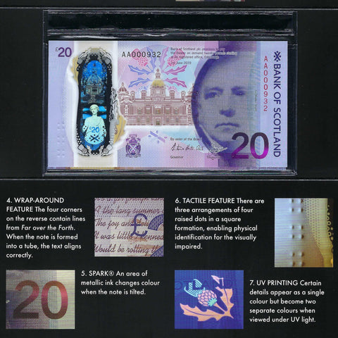 Scotland, Bank of Scotland, £20 polymer pair, AA000938 and Queensferry Commemorating QC 0000938Bank of Scotland, UNC