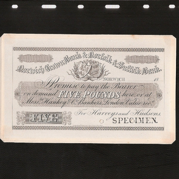 Provincial - Norwich Crown Bank & Norfolk & Suffolk Bank £5 (18xx) Perkins, Bacon & Petch obverse Proof. Outing 1606k, EF - Colin Narbeth & Son Ltd.