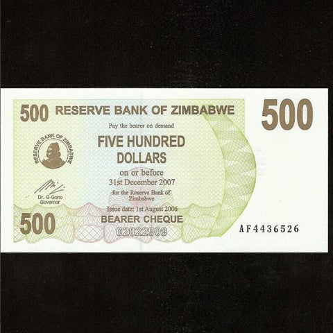P.43 Zimbabwe 500 Dollars (01.08.2006) UNC - Colin Narbeth & Son Ltd.
