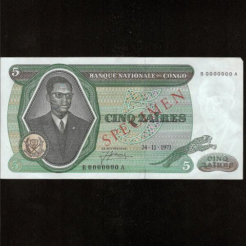 P.14s Congo Democratic Republic 5 Zaires Specimen (24.11.1971) Banque Nationale du Congo. B000000A. EF - Colin Narbeth & Son Ltd.