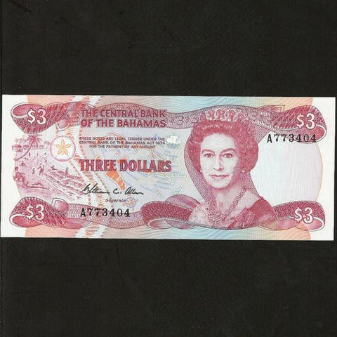 P.44 Bahamas $3 (1974) Central Bank. Allen signature, QEII. UNC - Colin Narbeth & Son Ltd. - 1