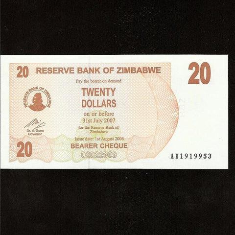 P.40 Zimbabwe 20 Dollars (01.08.2006) UNC - Colin Narbeth & Son Ltd.