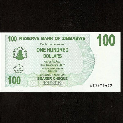 P.42 Zimbabwe 100 Dollars (01.08.2006) UNC - Colin Narbeth & Son Ltd.