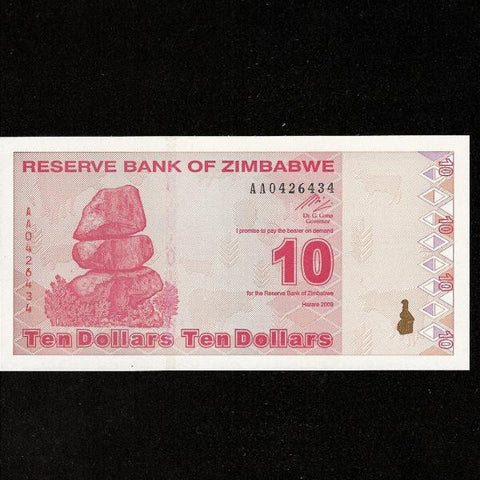 P.94 Zimbabwe 10 Dollar  (2009) this issue replaced the Trillions so this was equal to  Ten  Trillion old dollars UNC - Colin Narbeth & Son Ltd.