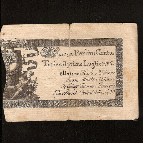 PS.122 Italian States 100 Lire (1786) Torino, embossed seal. Split but Fine - Colin Narbeth & Son Ltd.