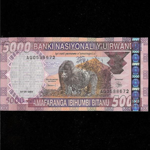 P.33 Rwanda 5000 Francs (2004) Gorilla. UNC - Colin Narbeth & Son Ltd.