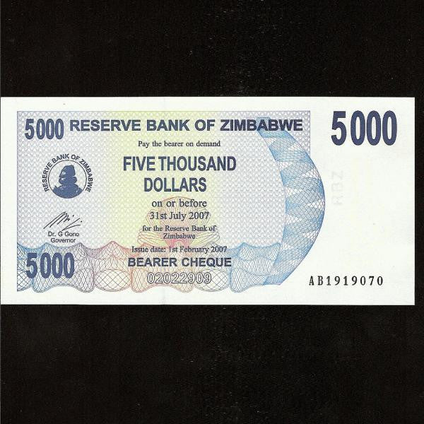 P.45 Zimbabwe 5000 Dollars (2007) UNC - Colin Narbeth & Son Ltd.