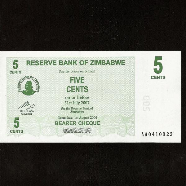 P.34 Zimbabwe 5 Cents (01.08.2006) UNC - Colin Narbeth & Son Ltd.