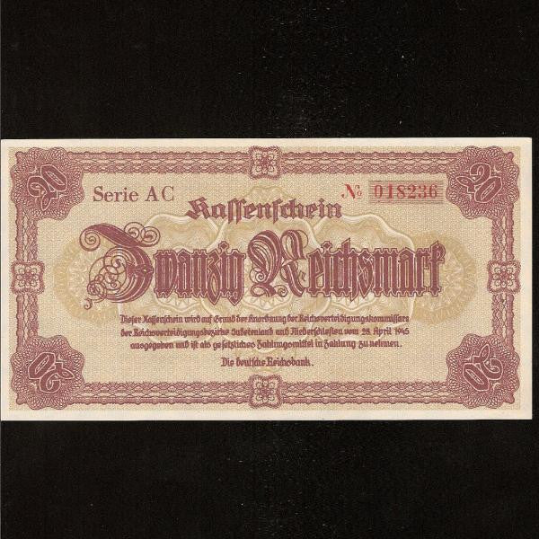 P.187 Germany  Nazi 20 Reichsmark (28.04.1945) Last note of the Third Reich. UNC - Colin Narbeth & Son Ltd.