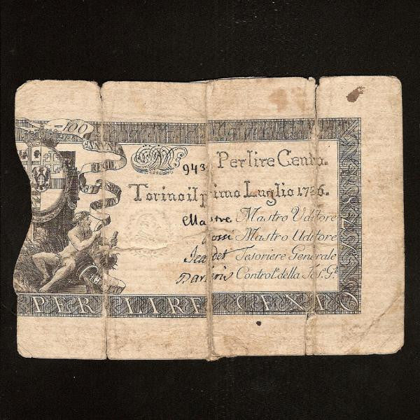 PS.122 Italian States 100 Lire (1786) Torino, embossed seal, note no.943. Splits, VG - Colin Narbeth & Son Ltd.
