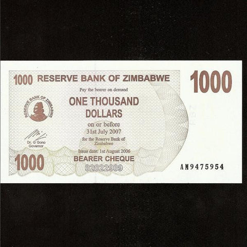P.44 Zimbabwe 1000 Dollars (01.08.2006) UNC - Colin Narbeth & Son Ltd.