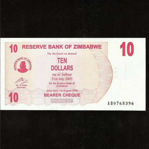 P.39 Zimbabwe 10 Dollars (01.08.2006) UNC - Colin Narbeth & Son Ltd.