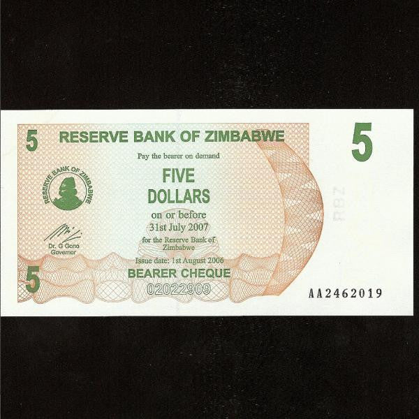 P.38 Zimbabwe 5 Dollars (01.08.2006) UNC - Colin Narbeth & Son Ltd.