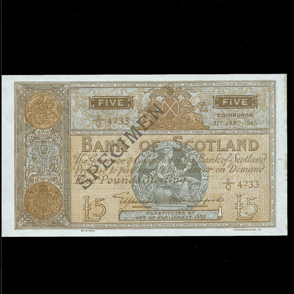 Scotland, Bank of Scotland, £5 specimen, 21st January 1945, Elphinestone/ Crawford 8/Q 4233, dark brown reverse, unlisted date, BA102b, EF