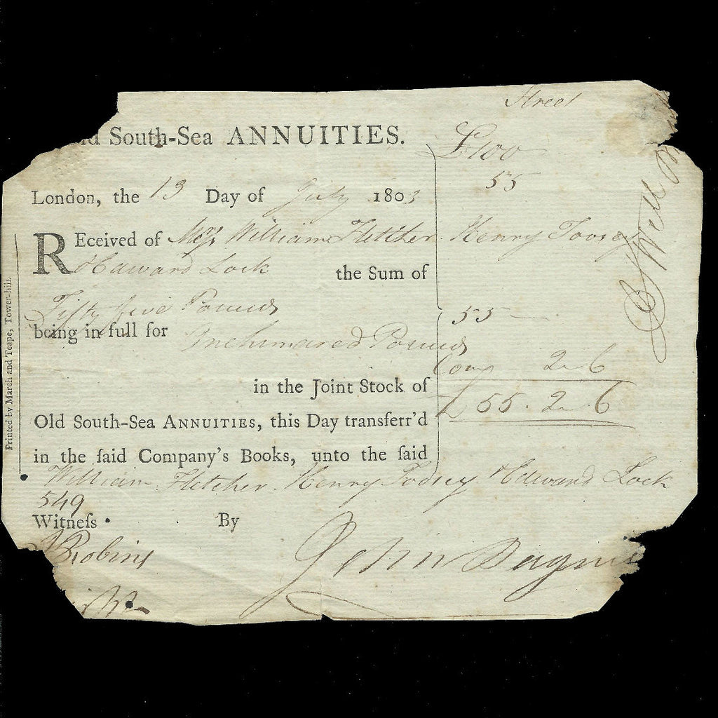 England, Old South Sea Annuities £55 2/6d (13.07.1805) Received of William Fletcher, Henry Foosey & Harvard Lock. In the Joint Stock of the Old South Sea Annuities (from the collection of Mr Platt) VG