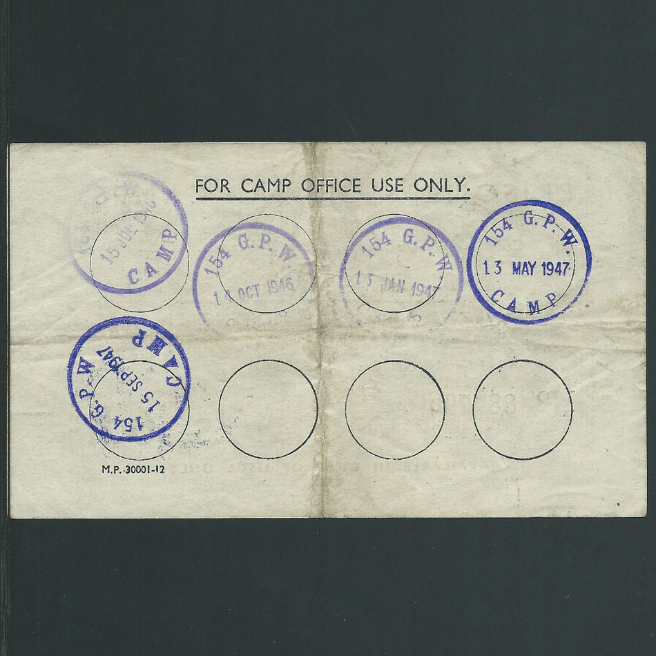 England, Two Shillings and Sixpence POW note used for German POW, Camp 154, Swanscombe, Kent, date stam up to 1947 on reverse, Campbell 5019a, Fine/ VF